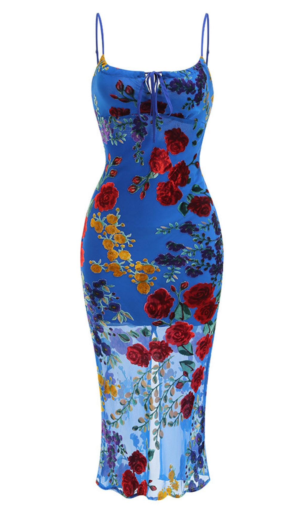 Blaues, durchsichtiges Midikleid mit Blumenmuster