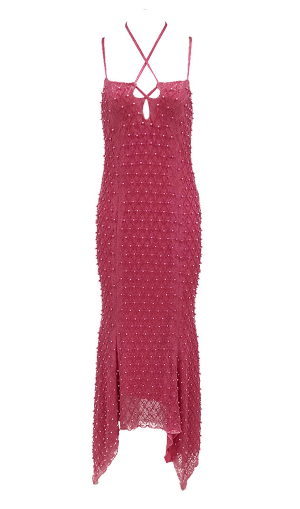 Pearl – Asymmetrisches Midikleid mit verziertem Criss-Cross-Rücken in Pink