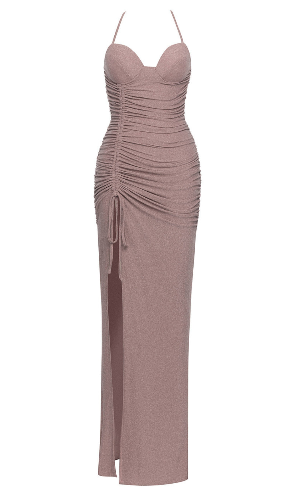 Gerüschtes Neckholder-Maxikleid mit seitlichem Schlitz in Blush