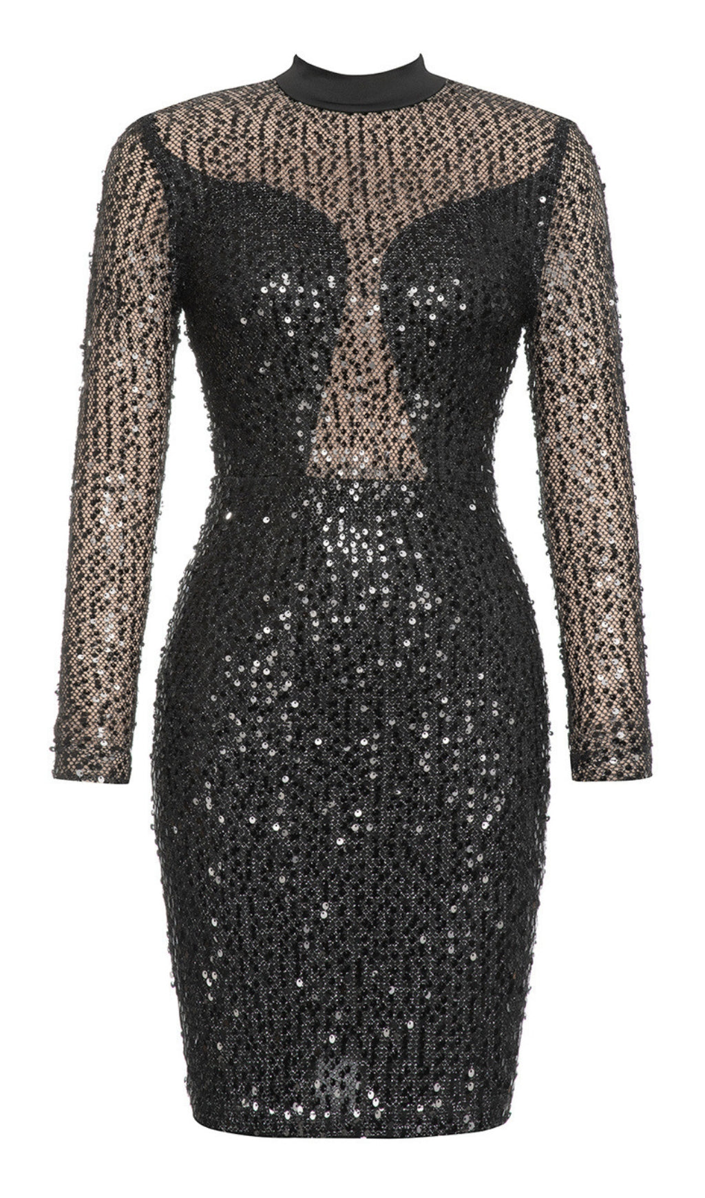SEQUIN MESH HIGH - NECK MINI DRESS IN BLACK