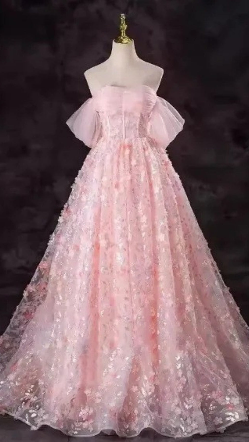 PINK OFF SHOULDER 3D FLOWER TULLE BALL GOWN PRINCESS MAXI DRESS