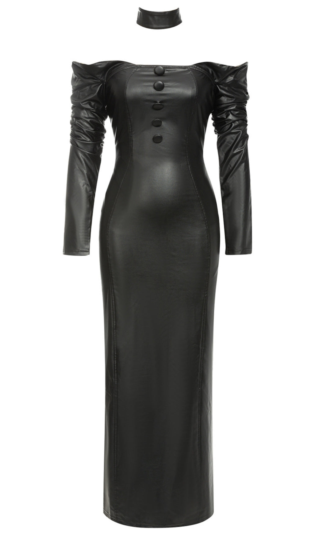 FAUX LEATHER OFF - SHOULDER BUTTONED MAXI DRESS IN BLACK