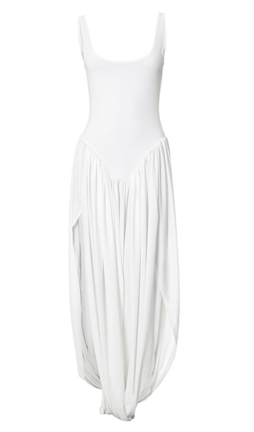 Asymmetrisches Maxikleid mit eckigem Ausschnitt und Rüschen in Weiß