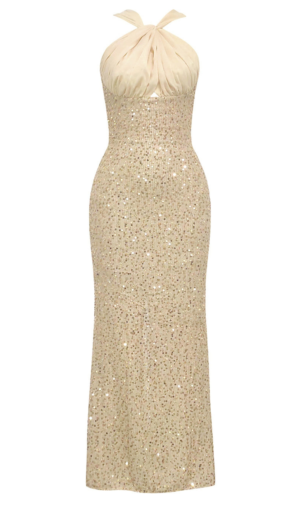 SEQUIN HALTER NECK RUCHED MIDI DRESS IN CHAMPAGNE