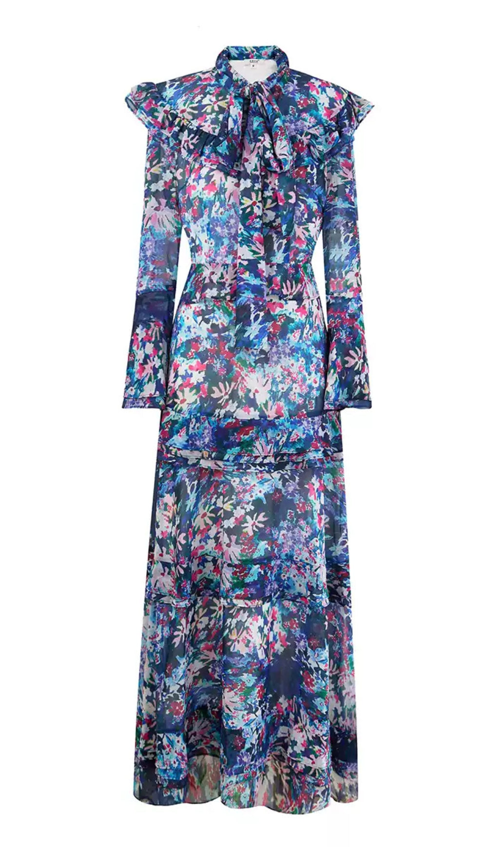 ELEGANT FLORAL MAXI DRESS WITH BOW NECKLINE AND RUFFLES