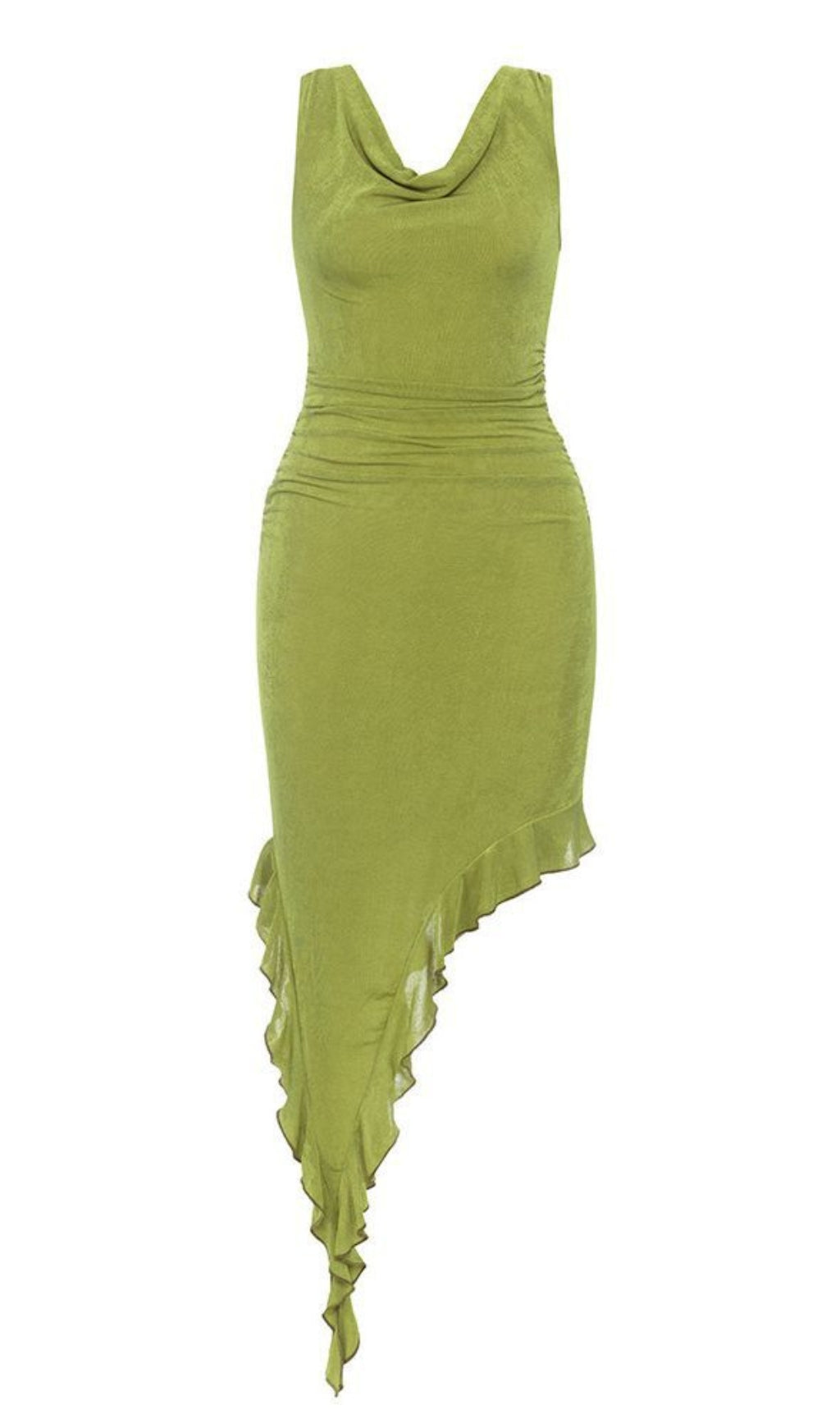 Gerafftes, asymmetrisches Midikleid mit Rüschensaum in Grün