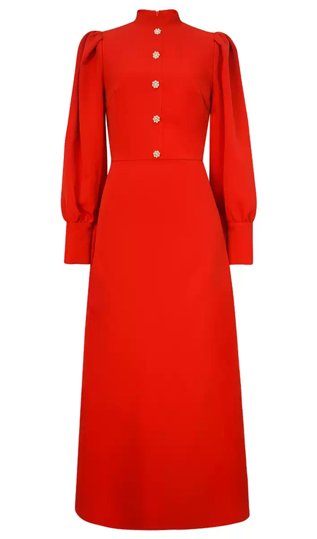 RED MOCK - NECK MIDI DRESS WITH PUFF SLEEVES AND BUTTON DETAIL