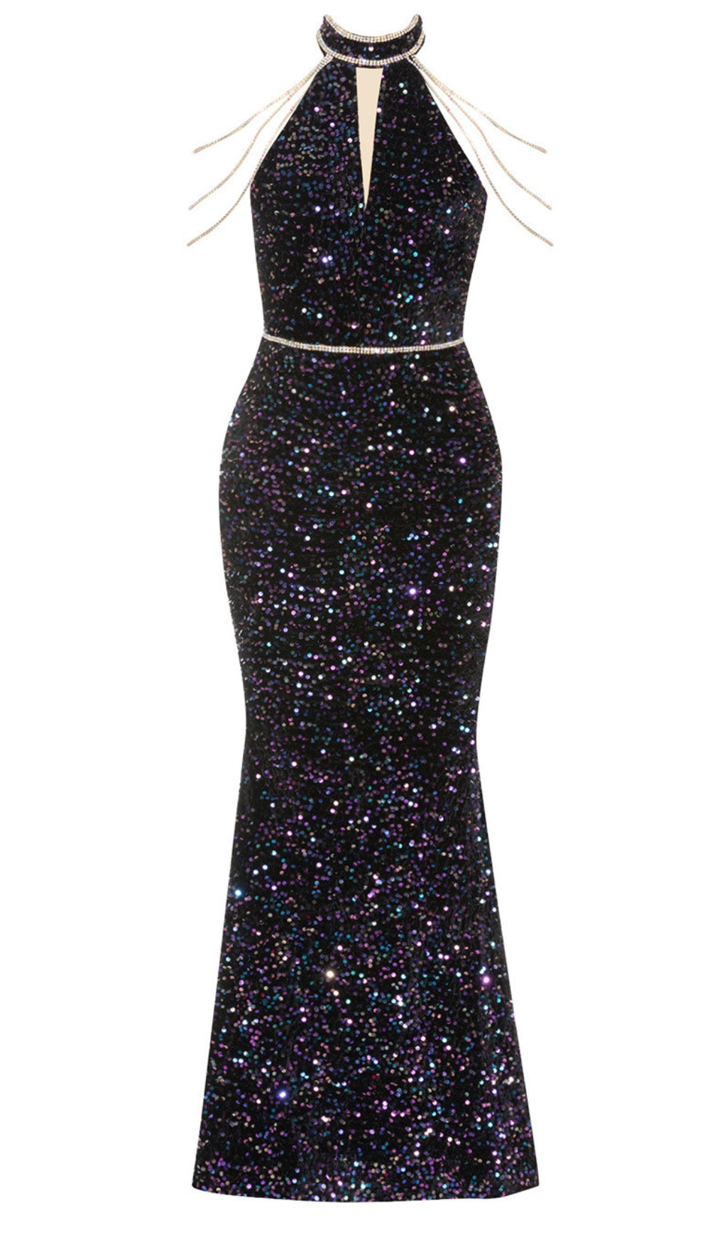GLITTER HALTER NECK RHINESTONE - STRAP MERMAID GOWN IN BLACK