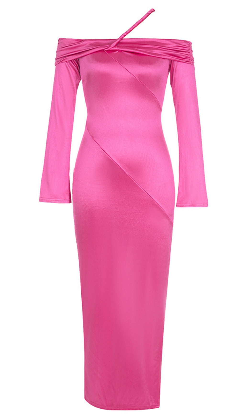 OFF - SHOULDER TWISTED SATIN MIDI DRESS IN PINK