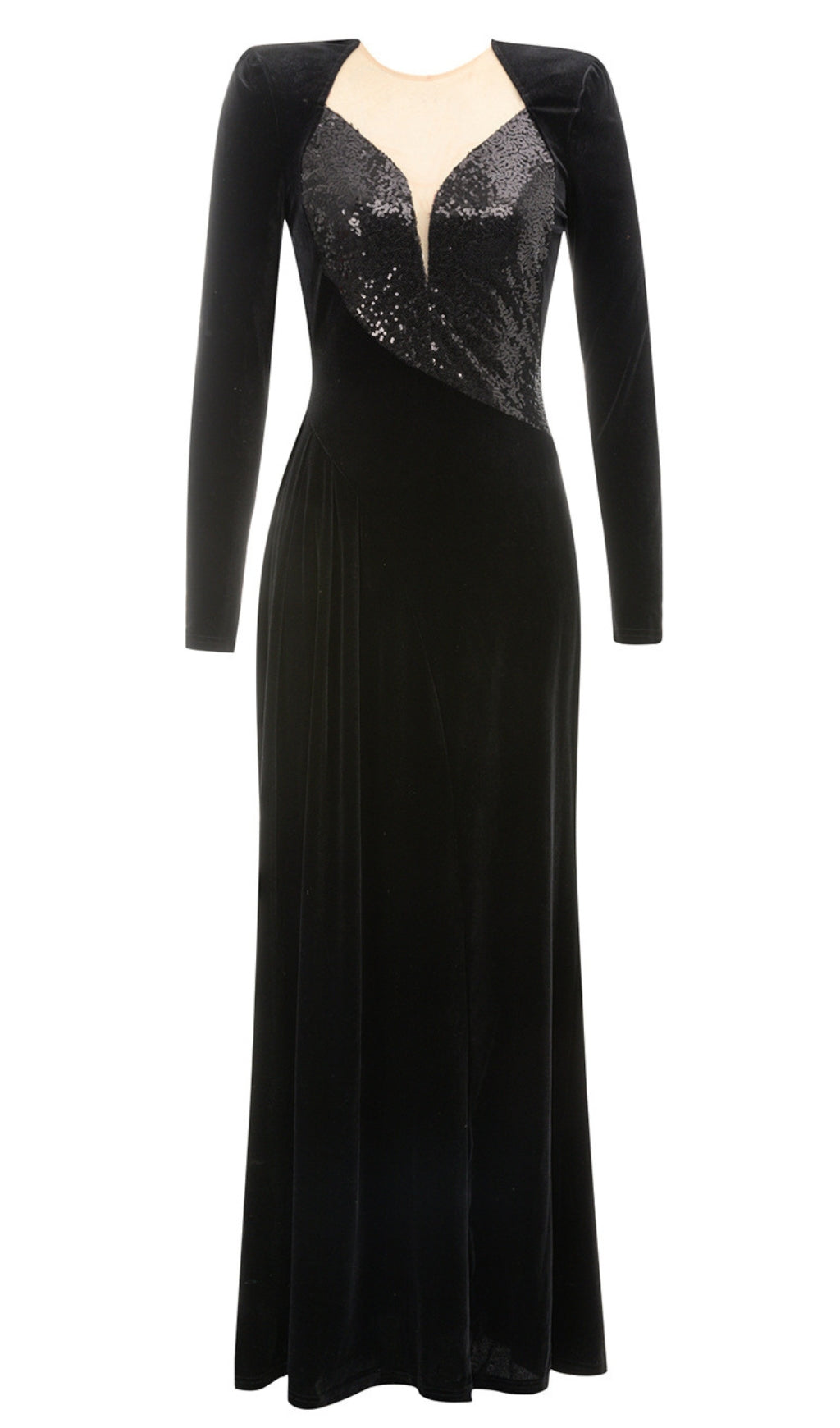 Langärmliges Maxikleid mit Pailletteneinsatz aus Samt in Schwarz