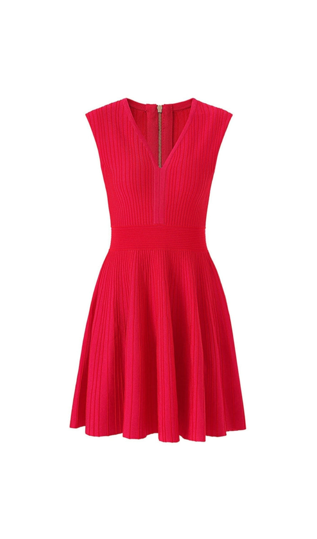 Ärmelloses, ausgestelltes Mini-Strickkleid mit V-Ausschnitt in Rot