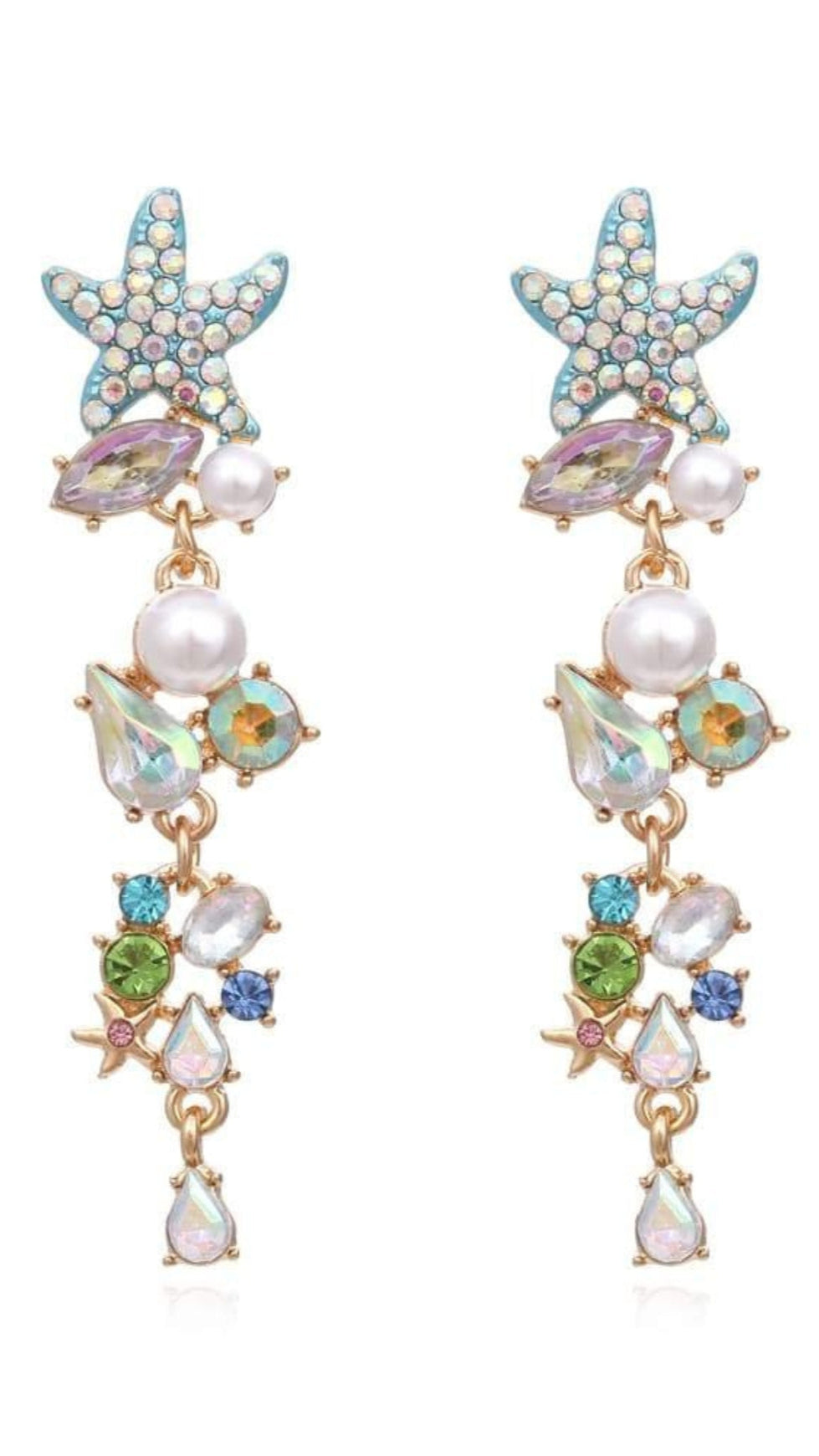 ENAMEL CRYSTAL PEARL STARFISH DROP EARRINGS