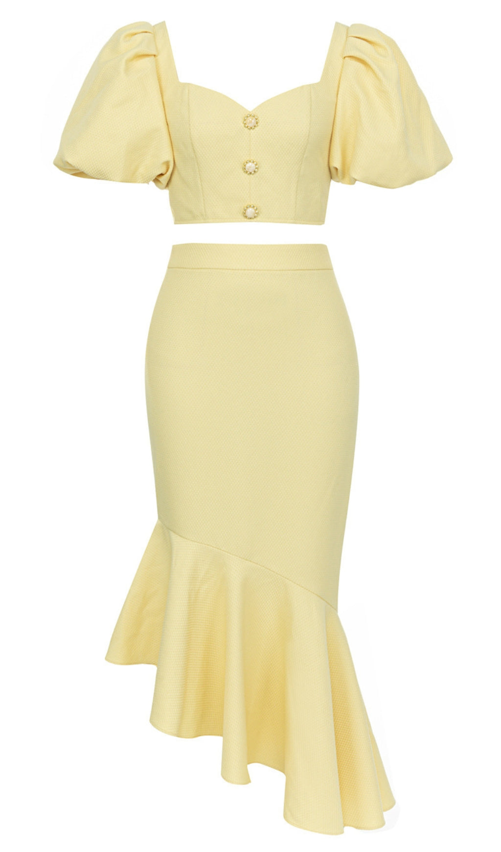 Set aus geknöpftem Crop-Top mit Puffärmeln und Meerjungfrauenrock in Gelb
