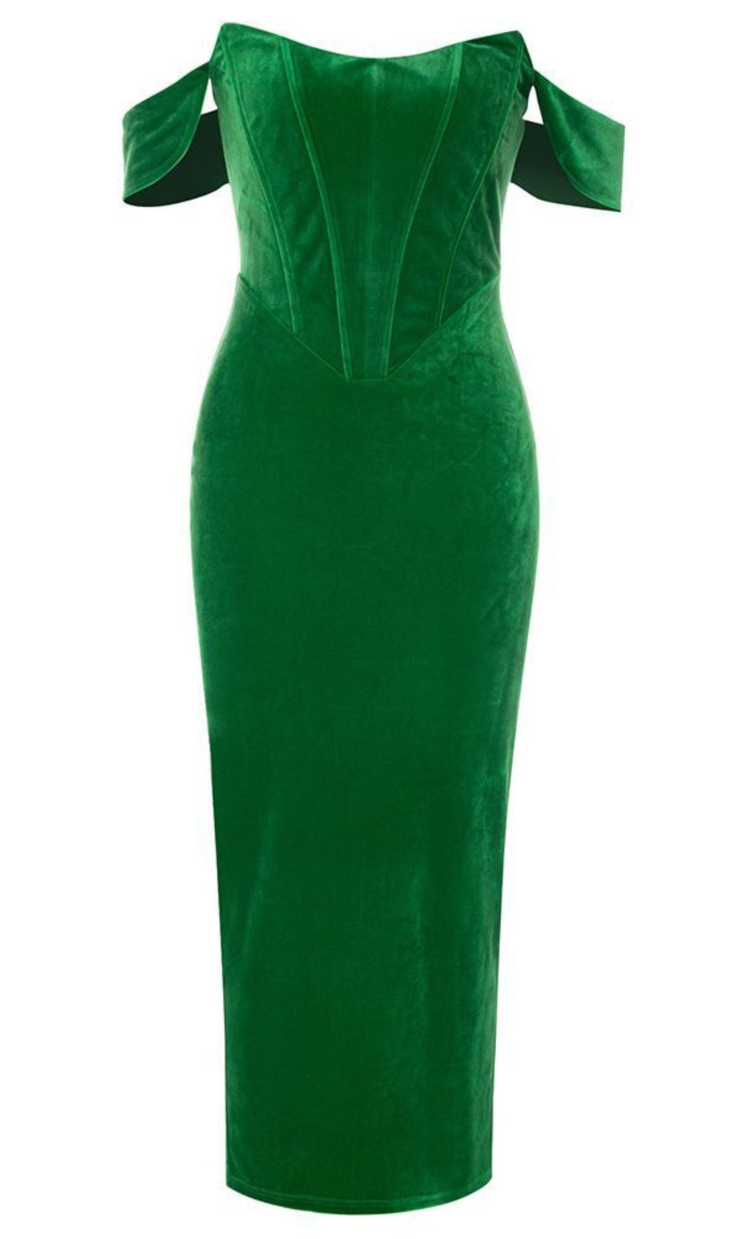 ABITO MIDI IN VELLUTO CON SPALLE SCOPERTE E CORSETTO VERDE