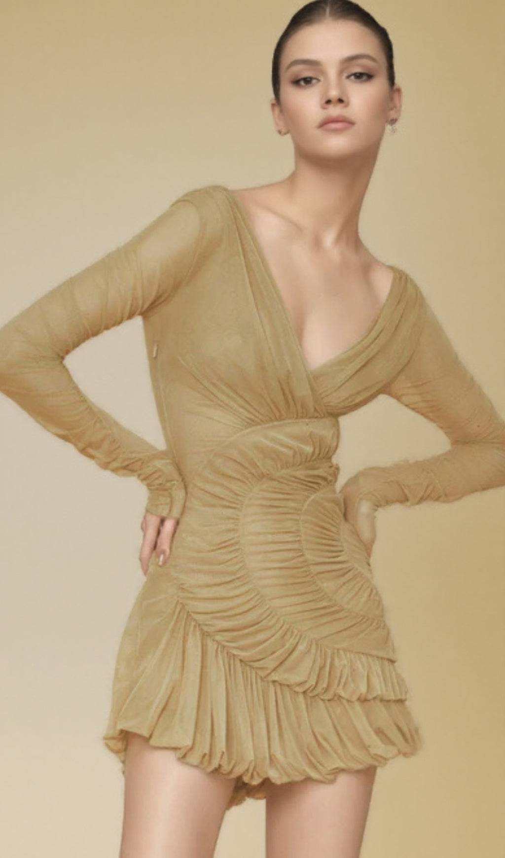 AIIZIE LYRE MESH SHIRRED MINI DRESS - product image