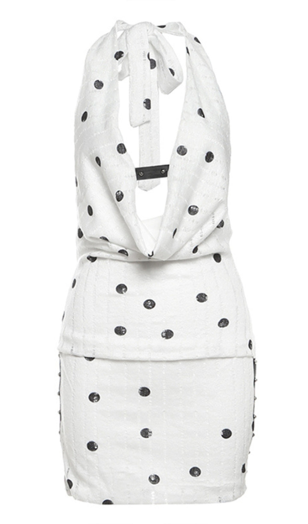WHITE POLKA DOT SWING NECK HALTER RUSH MINI DRESSES