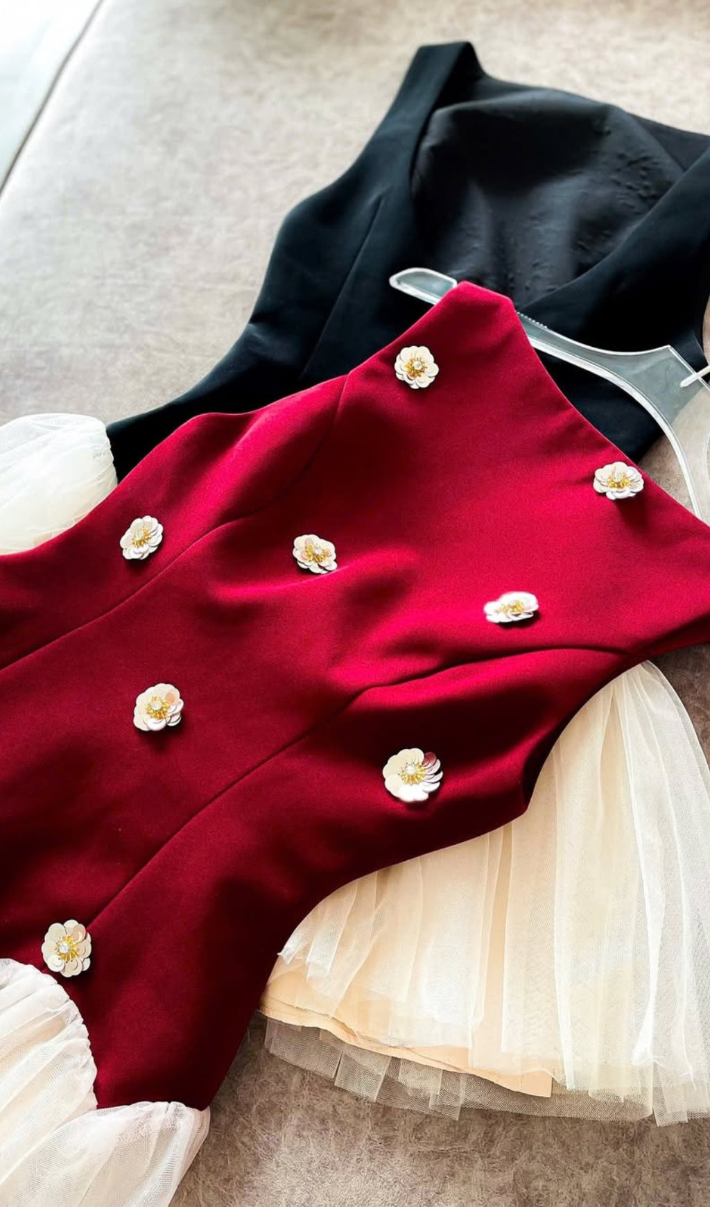 AIIZIE BERYL 3D FLOWER PATCHWORK TULLE MINI DRESS IN RED - product image