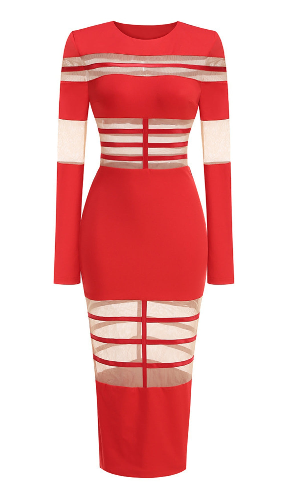 RED MESH - PANELED LONG - SLEEVE BODYCON MIDI DRESS