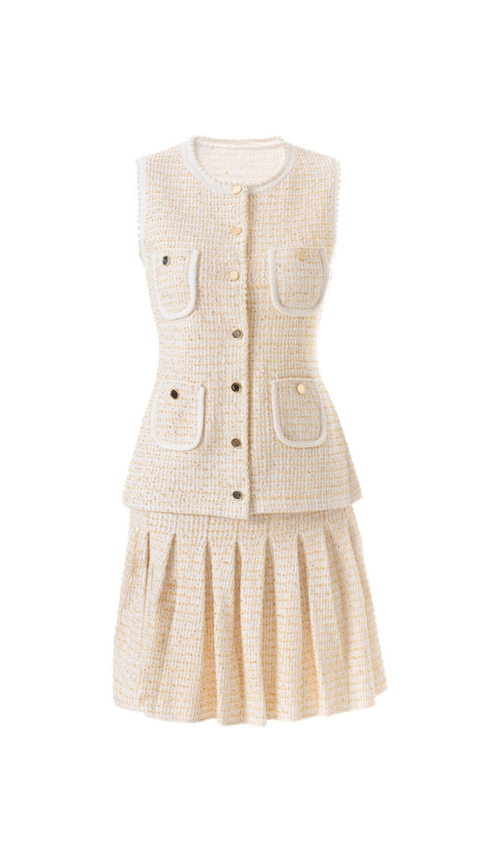 CELESTE TWEED BUTTON-FRONT VEST PLEATED SKIRT SET IN APRICOT