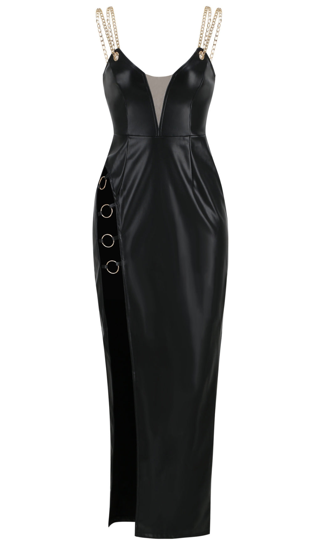 Schwarzes Maxikleid aus Kunstleder mit Kettenträgern