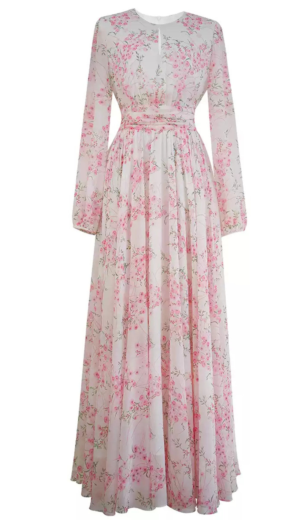Rosa Chiffon-Maxikleid mit Blumenmuster und langen Ärmeln