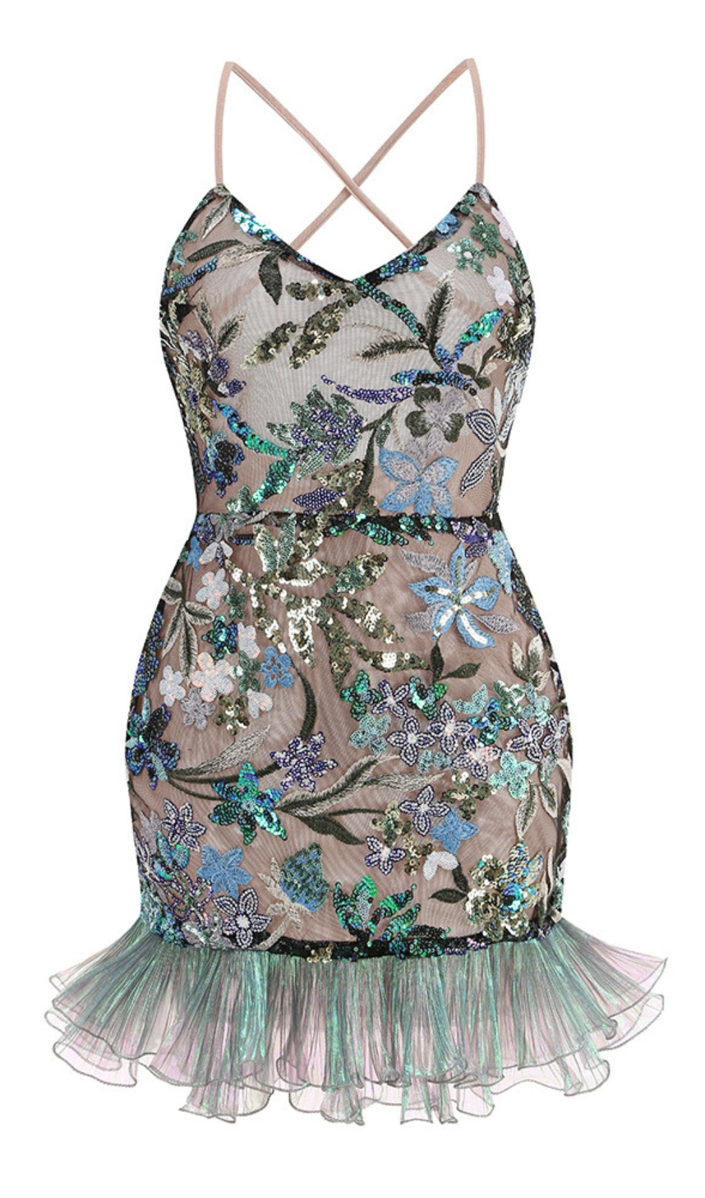 GREEN FLORAL EMBROIDERY STRAP MESH-PANELLED MINI DRESS