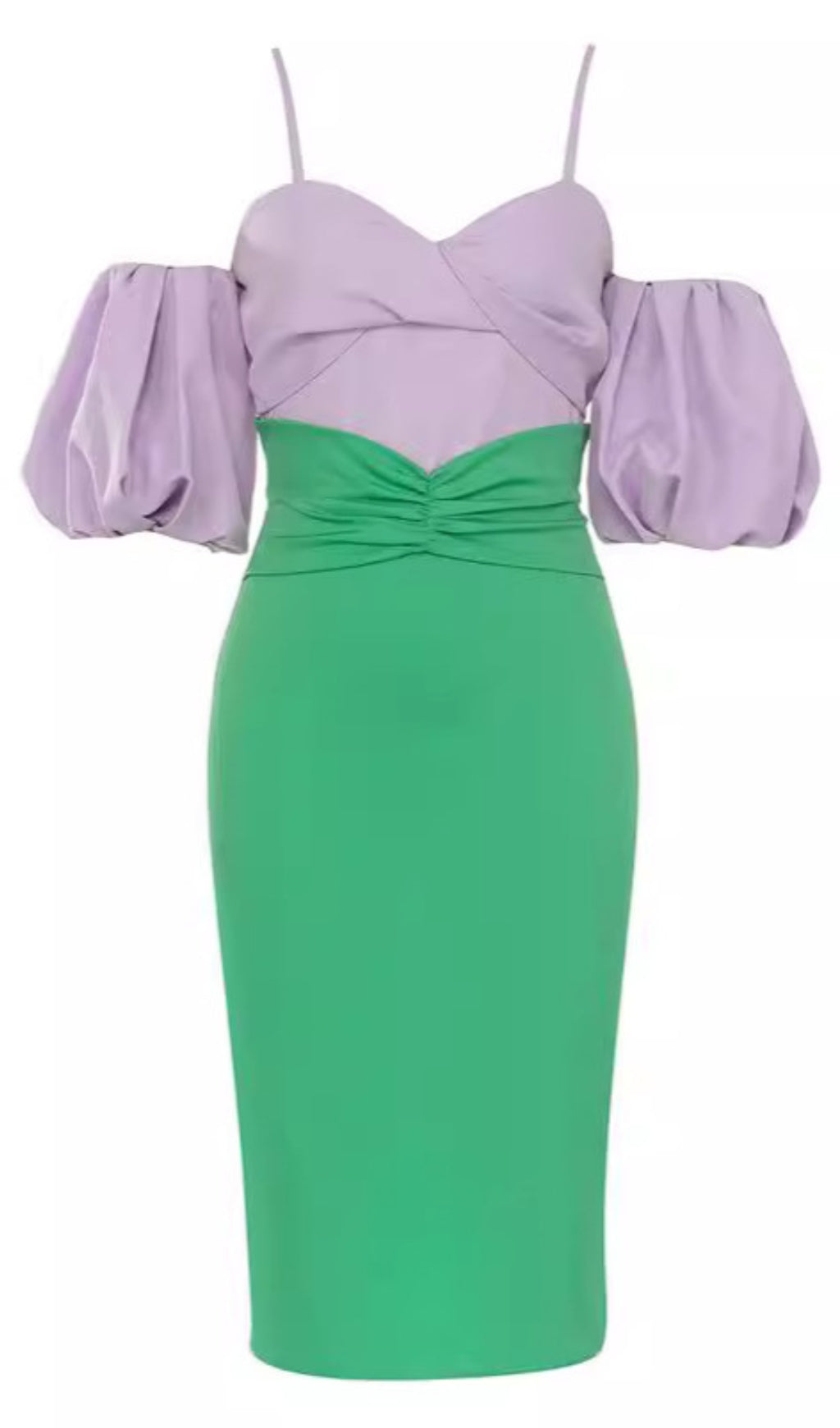 Zweifarbiges Midikleid mit Puffärmeln in Lavendelgrün