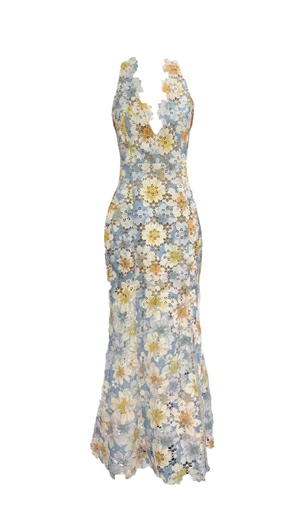 Langes Kleid mit V-Ausschnitt und seitlichem Schlitz