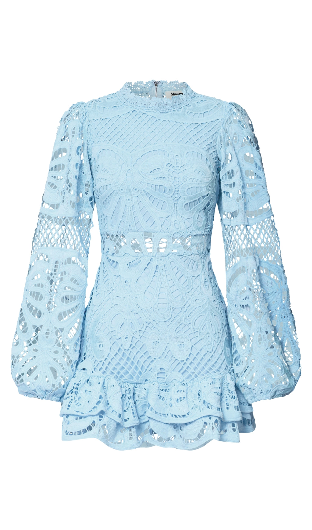 LONG PUFF SLEEVE LACE MINI DRESS IN BLUE