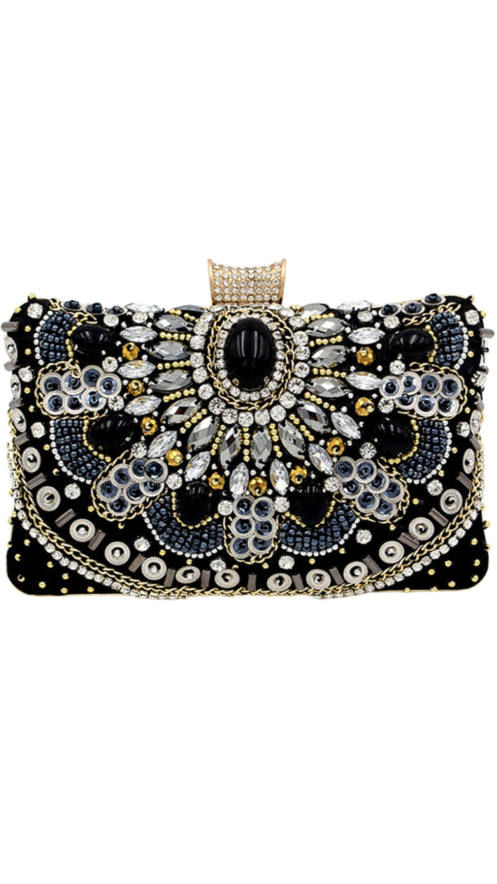 BLACK BEADED SHOULDER CHAIN EVENING CLUTCH
