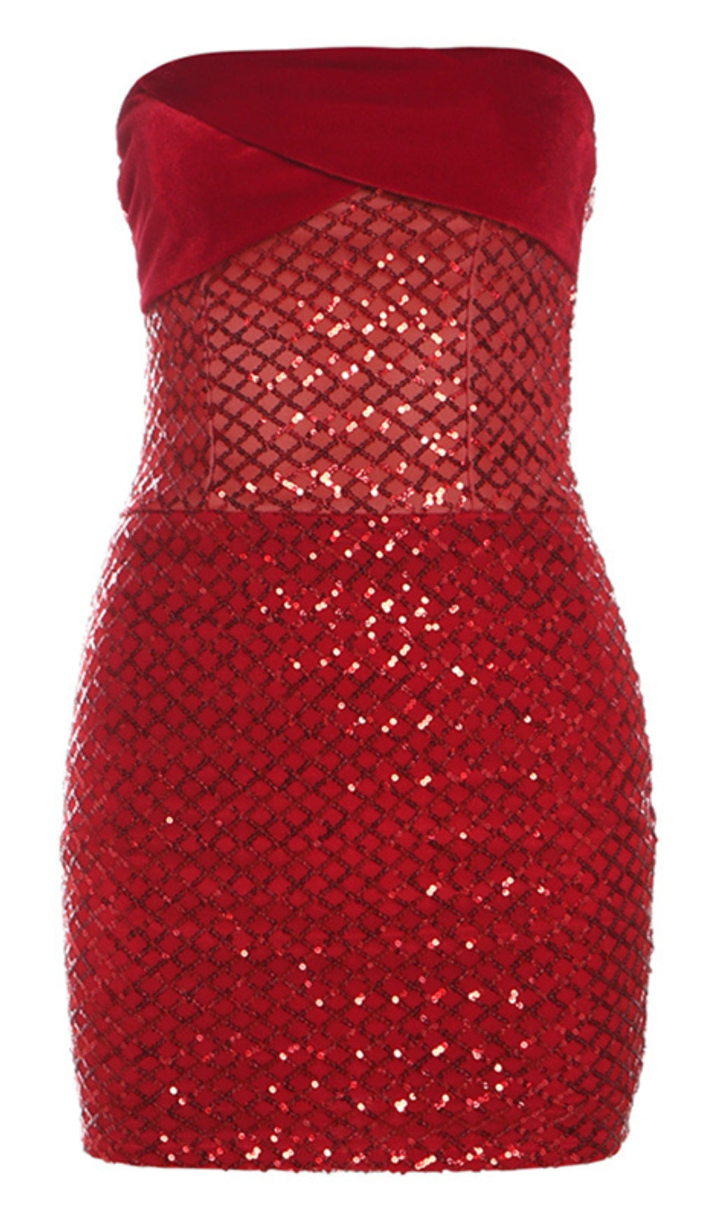 RED STRAPLESS MESH - PANELED MINI RED HOCO DRESS