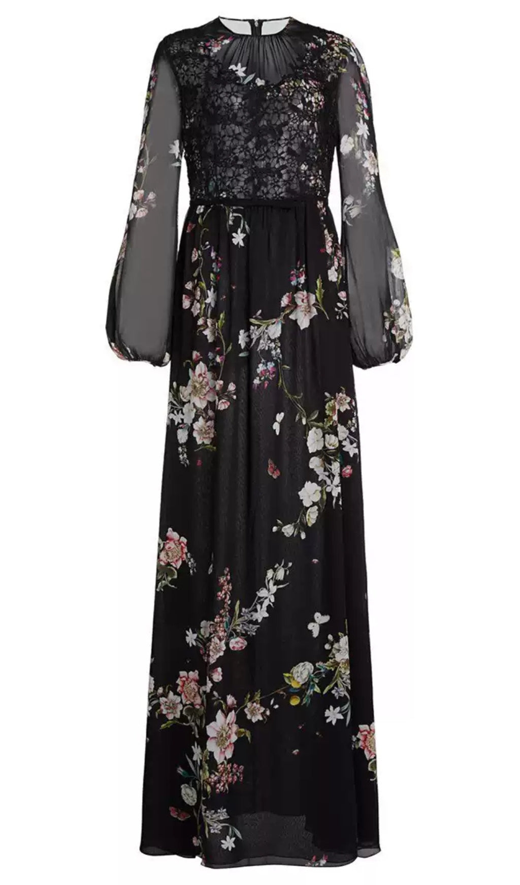 Schwarzes, elegantes, langes Blumenkleid mit transparenten Ärmeln und Spitzendetails