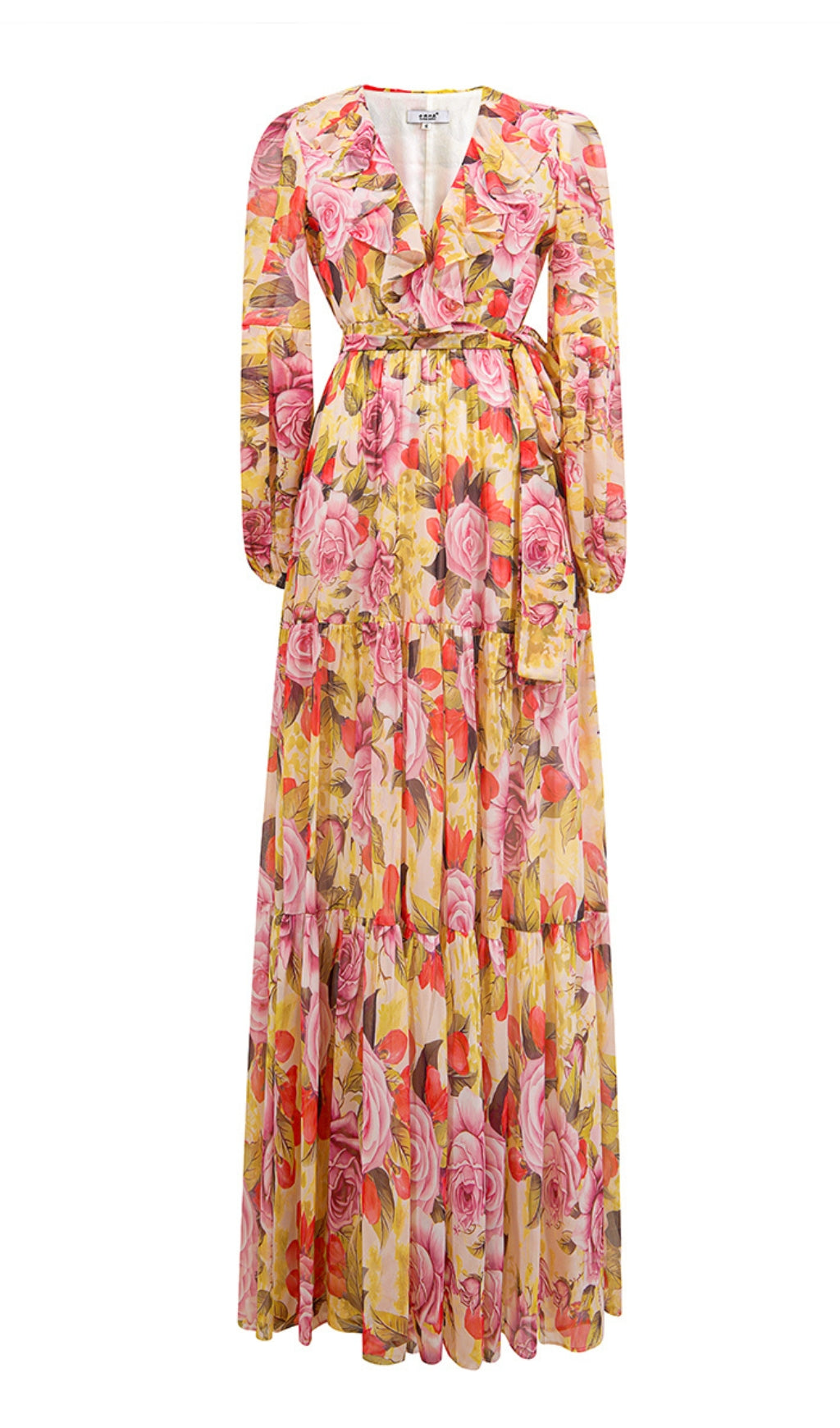 Gelbes Maxikleid mit Blumenmuster, Rüschen und V-Ausschnitt und Gürtel