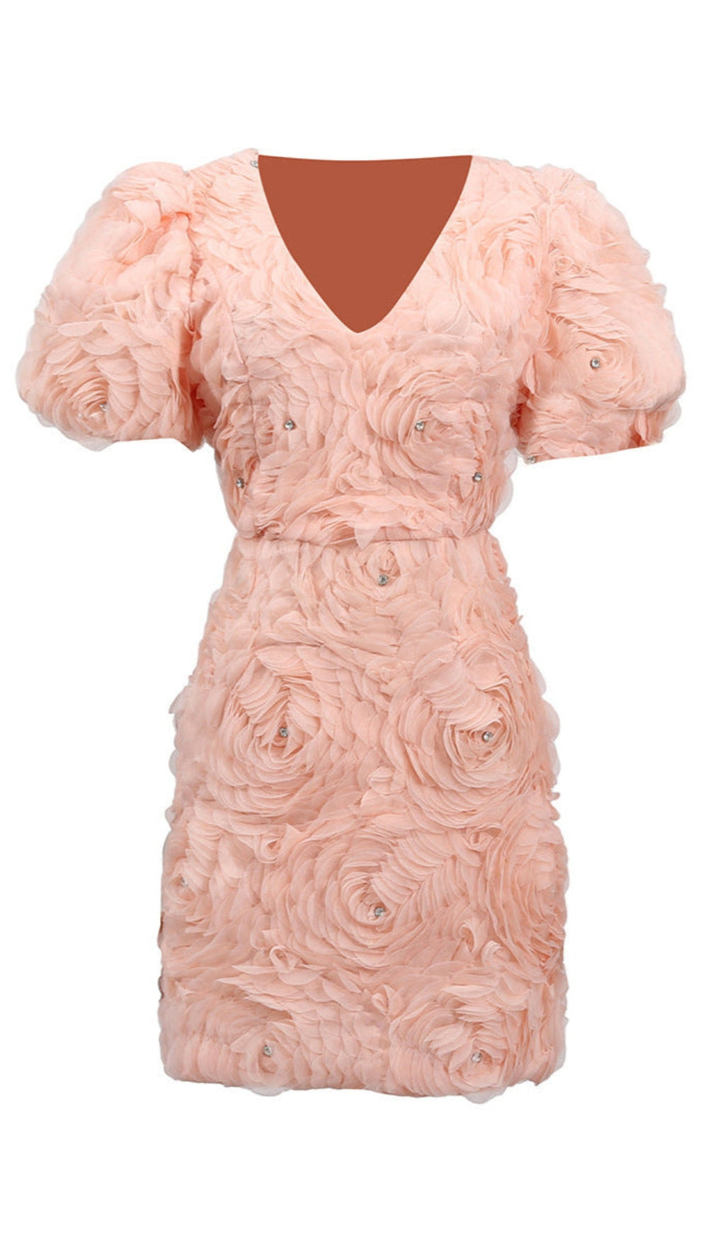 Puff-Minikleid mit V-Ausschnitt und Blumenverzierung in Ballettrosa