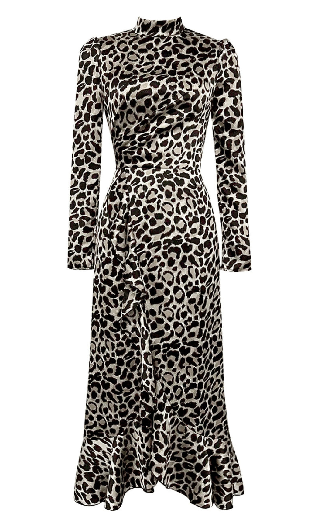 WEISSES MIDIKLEID MIT LEOPARDENMUSTER, STEHKragen UND LANGER PASSFORM UND RÜSCHEN