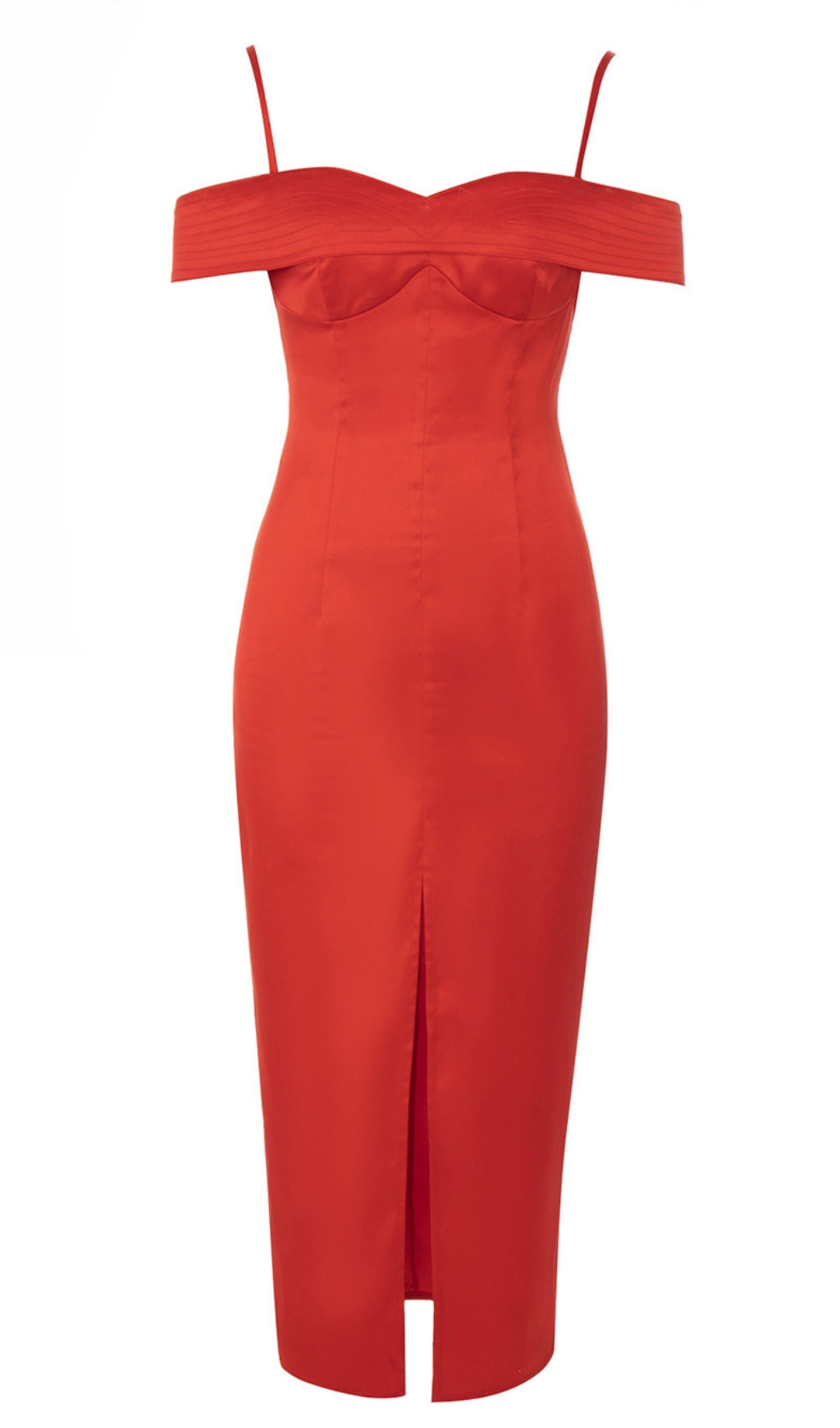 Rotes, schulterfreies Midikleid mit Spaghettiträgern und Schlitz