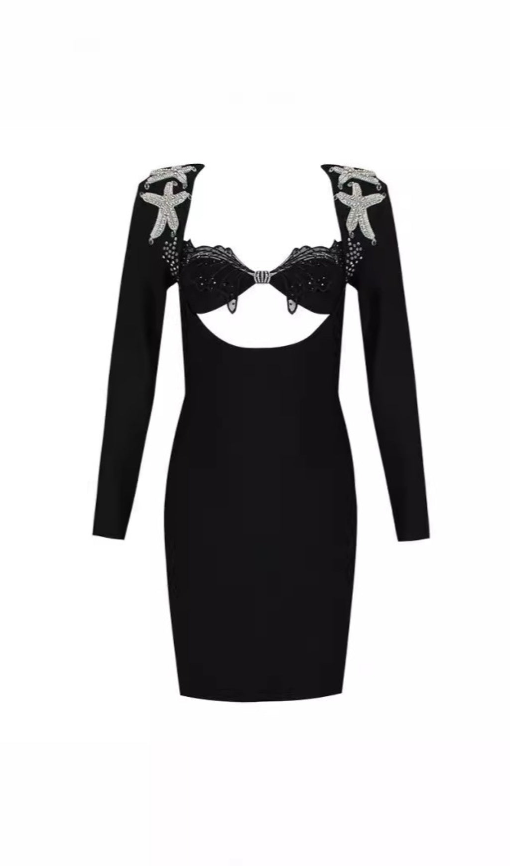 Strass - Seestern - Cutout Langarm - Minikleid in Schwarz