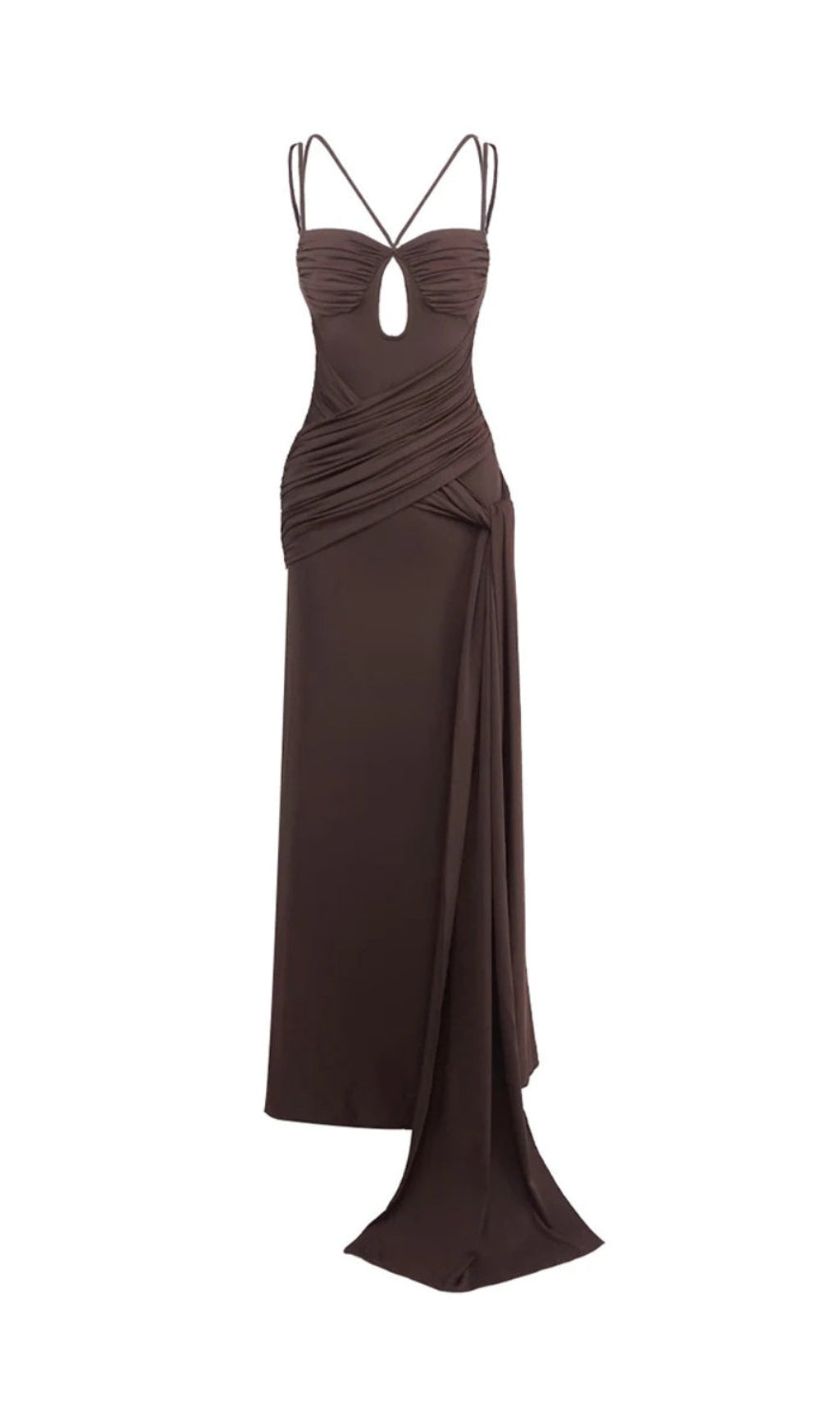 PLEATED STRAPPY DRAPED SLIT MAXI DRESS IN BROWN