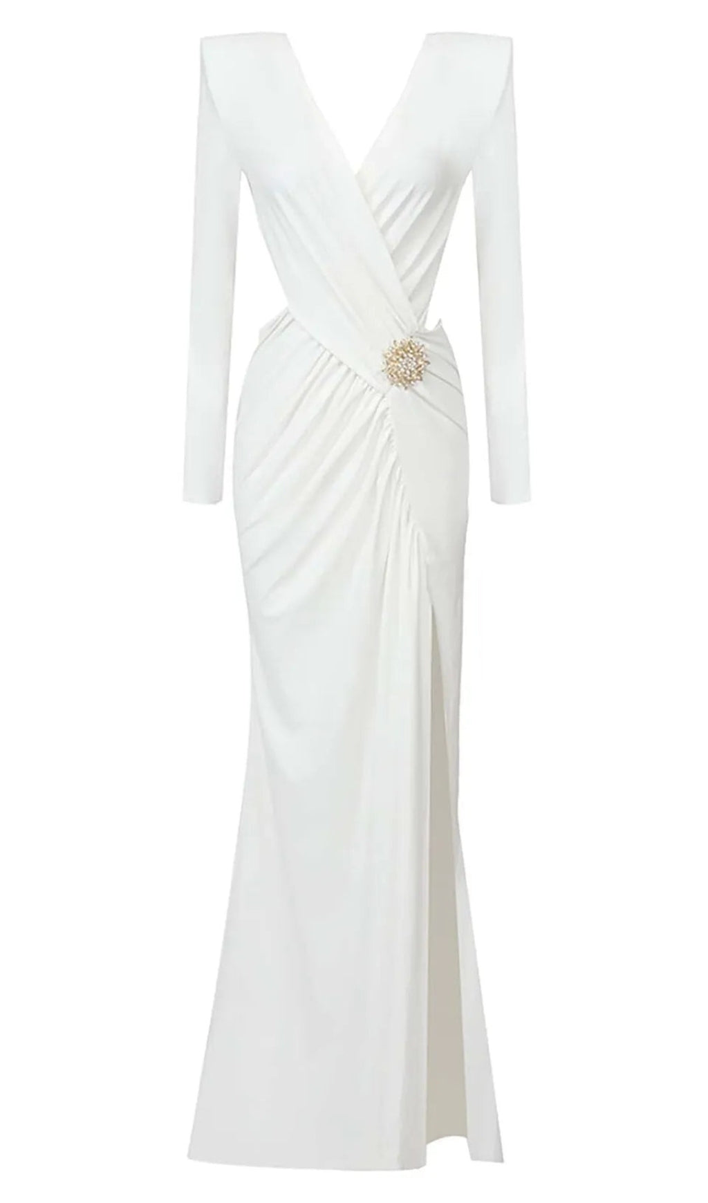 VANESSA V-NECK RUCHED CUTOUT MAXI DRESS IN WHITE