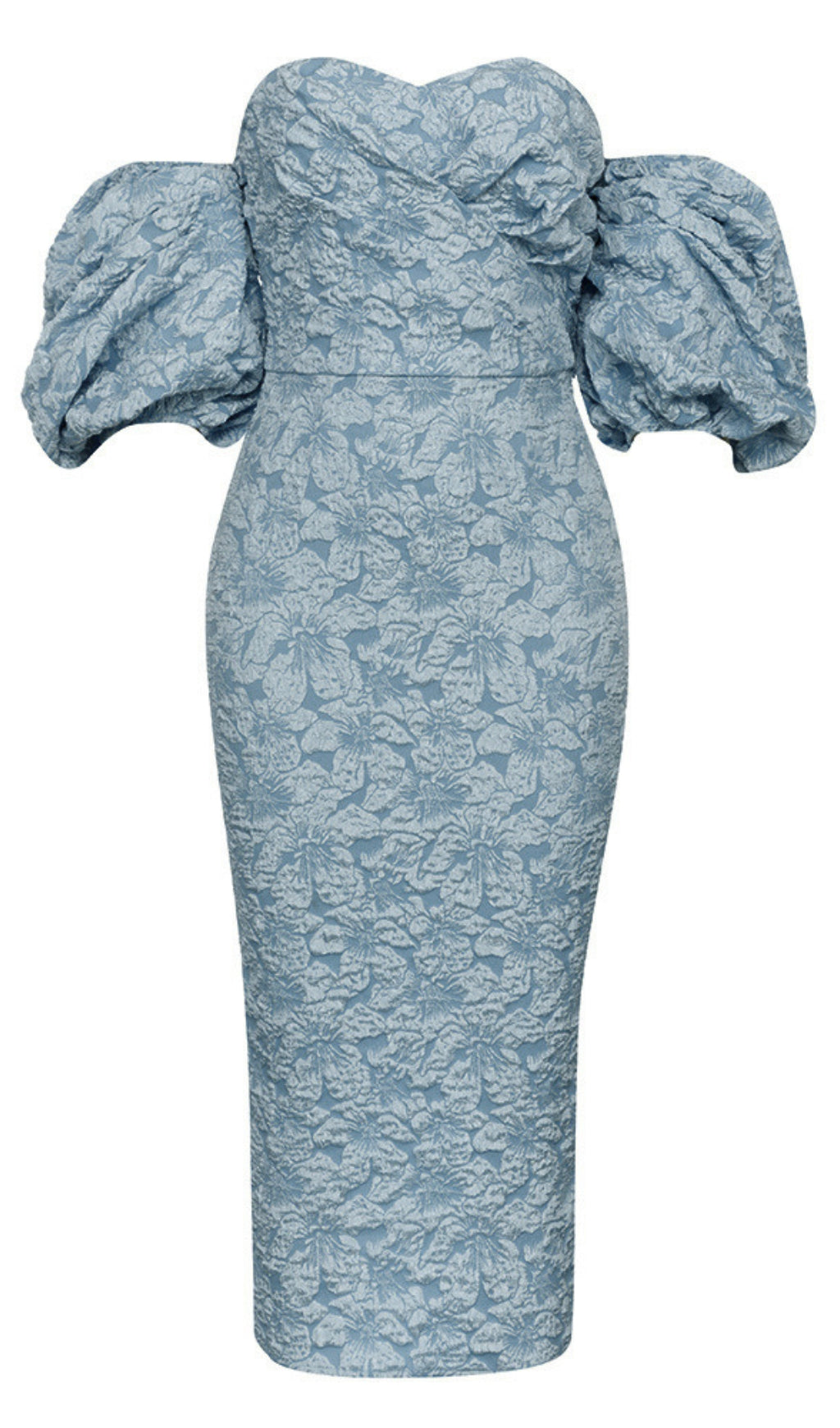 FLORAL - JACQUARD OFF - SHOULDER MIDI DRESS IN NAVY BLUE