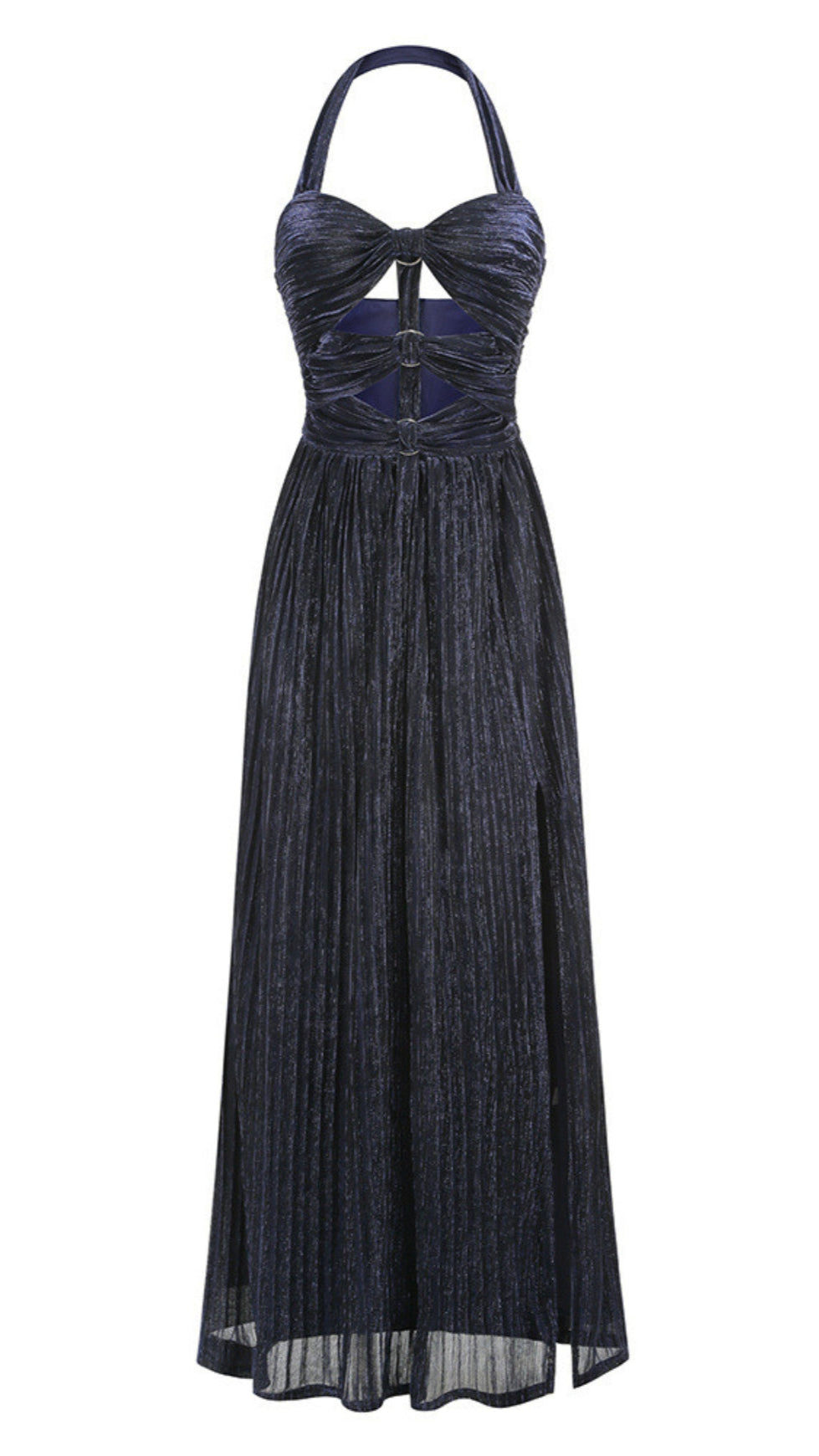 ELEGANT NAVY HALTER PLEATED MAXI DRESS CUTOUT WAIST GOWN