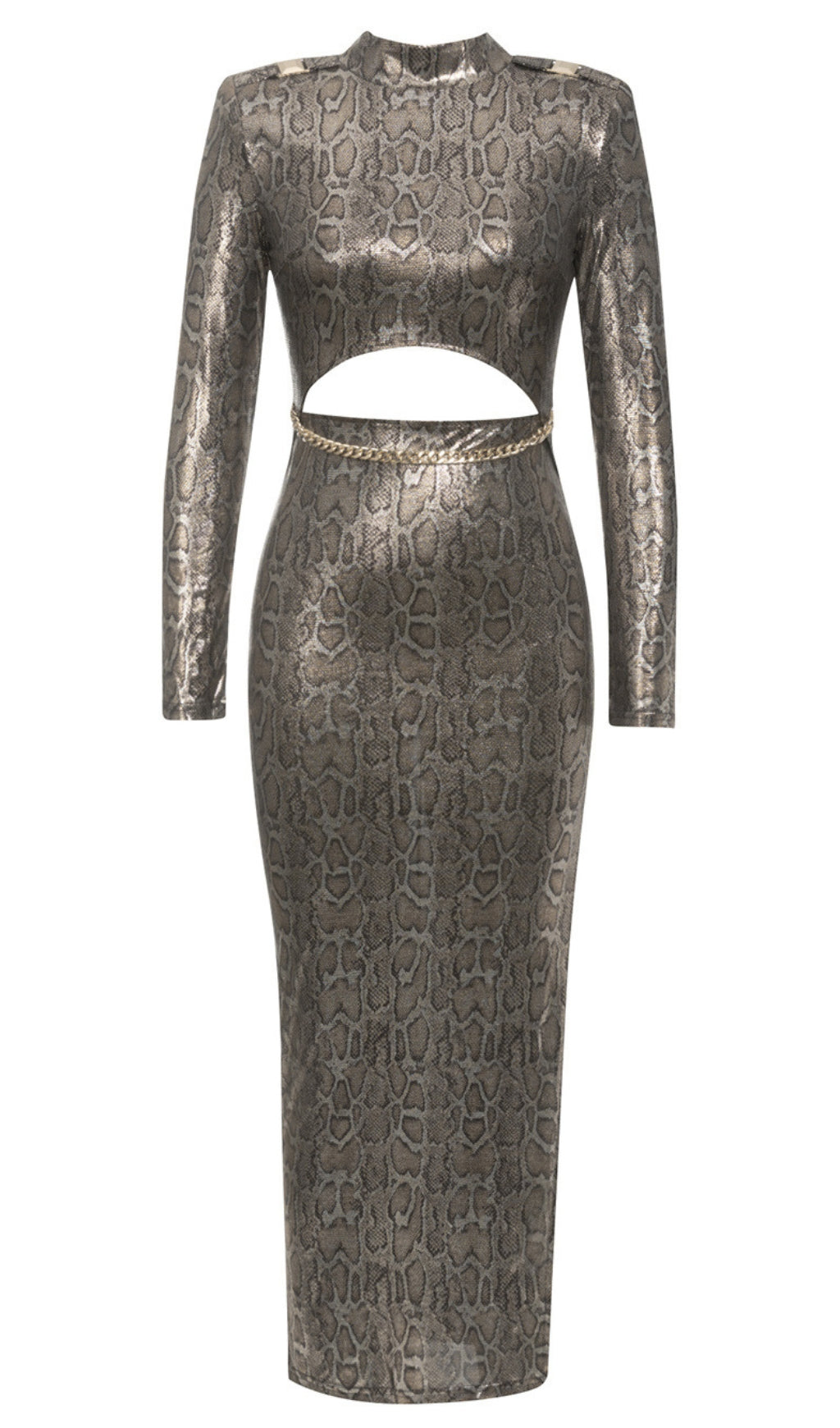 Midikleid mit Schlangenmuster, Cut-Out-Kette und Gürtel