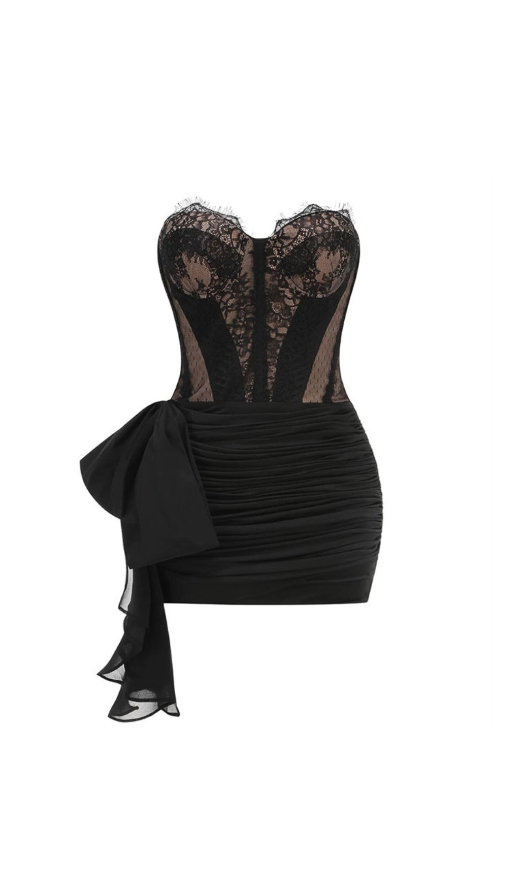 Schwarzes, trägerloses, asymmetrisches Hoco-Kleid aus Spitze