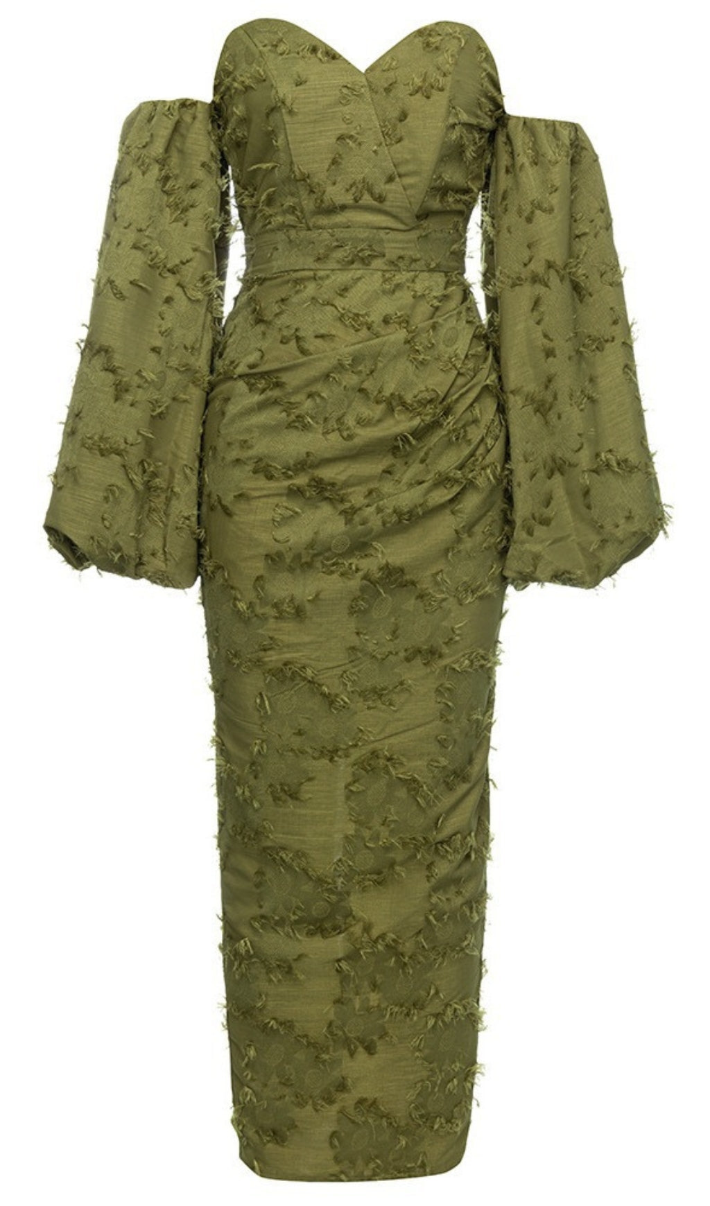 Strukturiertes, schulterfreies Midikleid aus Jacquard in Olivgrün