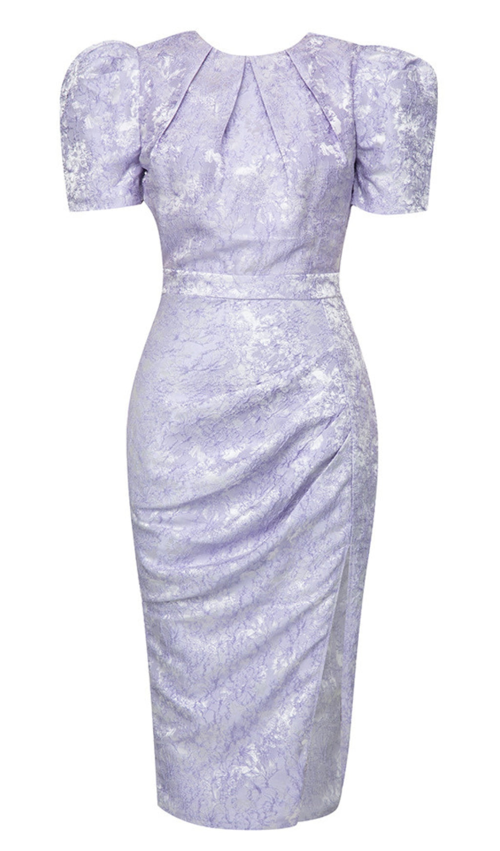 FLORAL - JACQUARD PUFF - SLEEVE MIDI DRESS IN LAVENDER