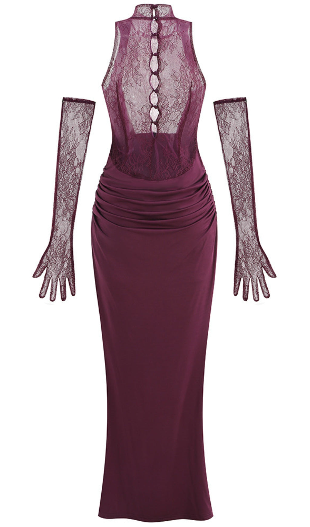 Lila-rotes Neckholder-Maxikleid mit Spitze und Handschuhen