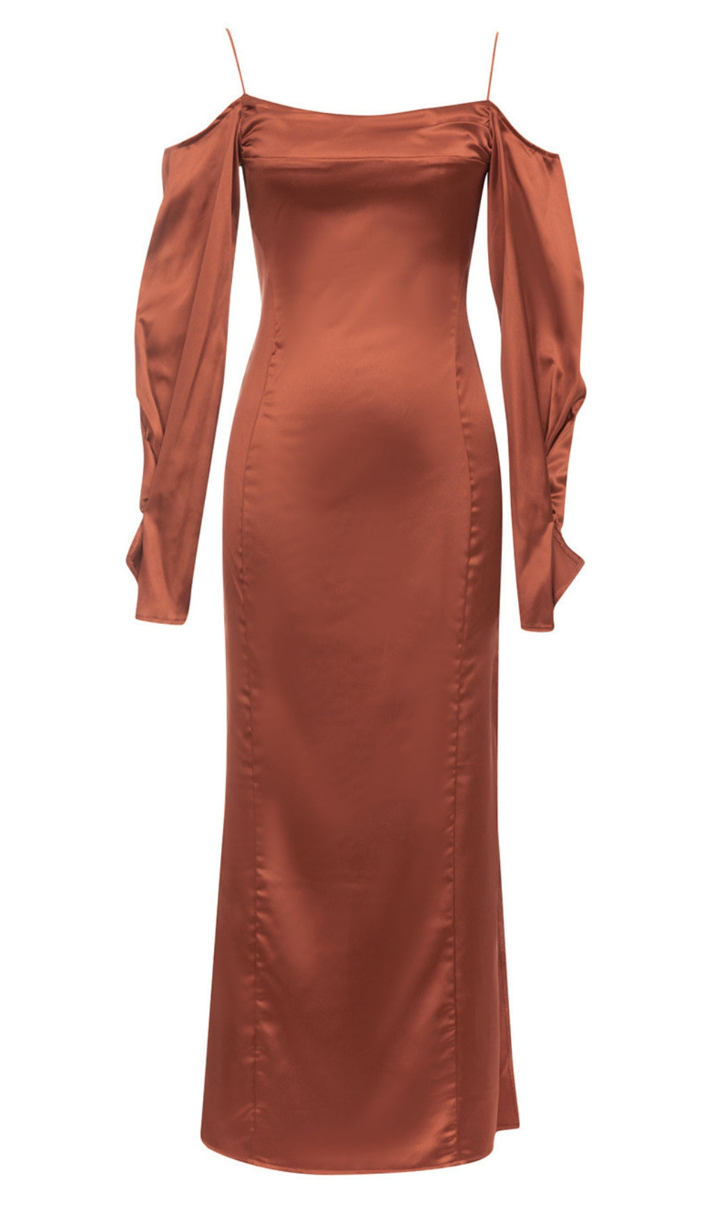 Schulterfreies Midikleid aus Satin mit Spaghettiträgern in Braun