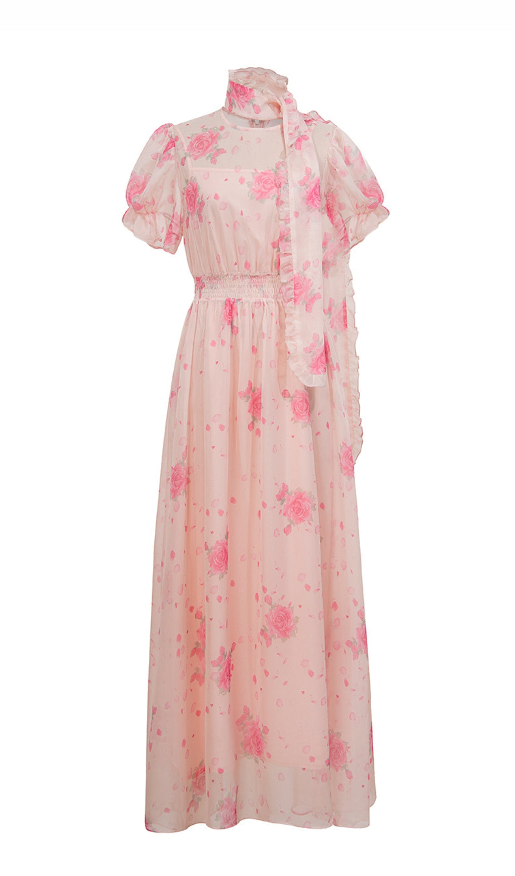 Rosa Chiffon-Maxikleid mit Blumenmuster und Schleifenausschnitt