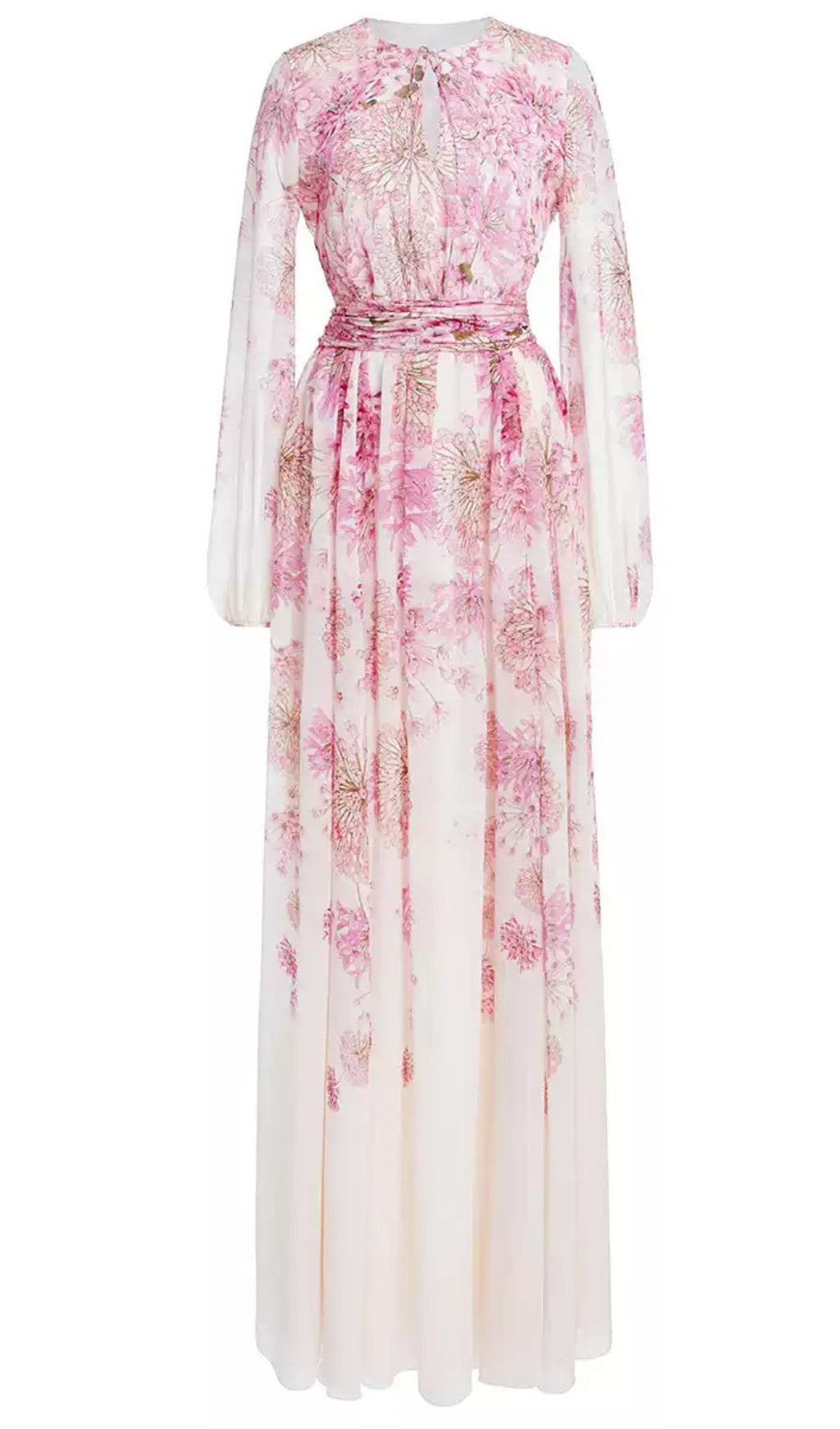 Rosa Chiffon-Maxikleid mit Blumenmuster und transparenten Ärmeln