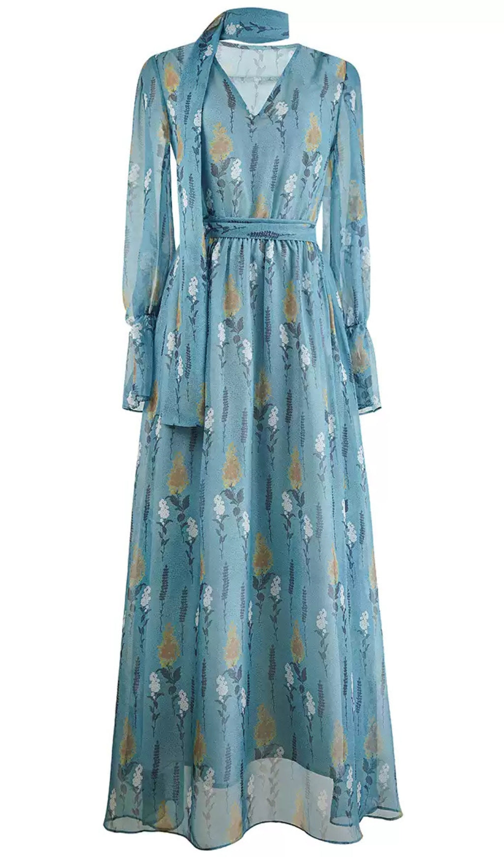 Blaues Chiffon-Maxikleid mit Blumenmuster, Krawatte am Hals und Gürtel